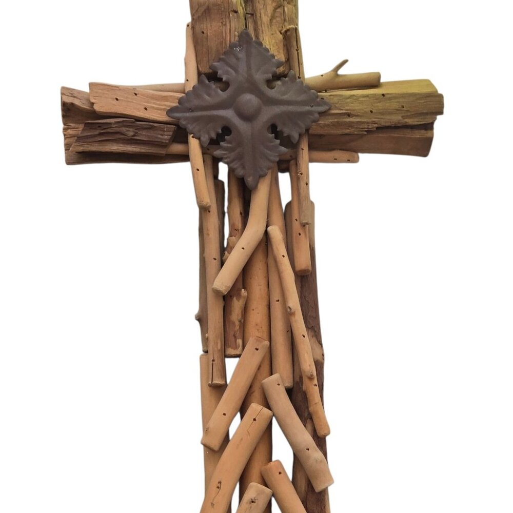 Rustic Driftwood Cross Wall Decor Metal Accent 17 Inch - Picture 9 of 14